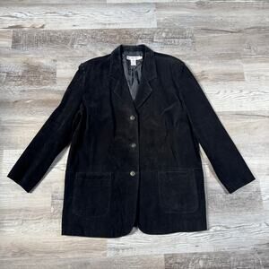 Vintage 90s Black Suede Leather Blazer Jacket Longline 18 Minimalist Old Money